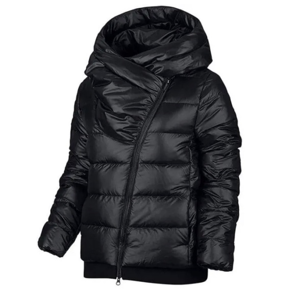 Nike Down Fill Puffer Jacket Asymmetrical Full Zip Hooded Black Size Small - Picture 15 of 15